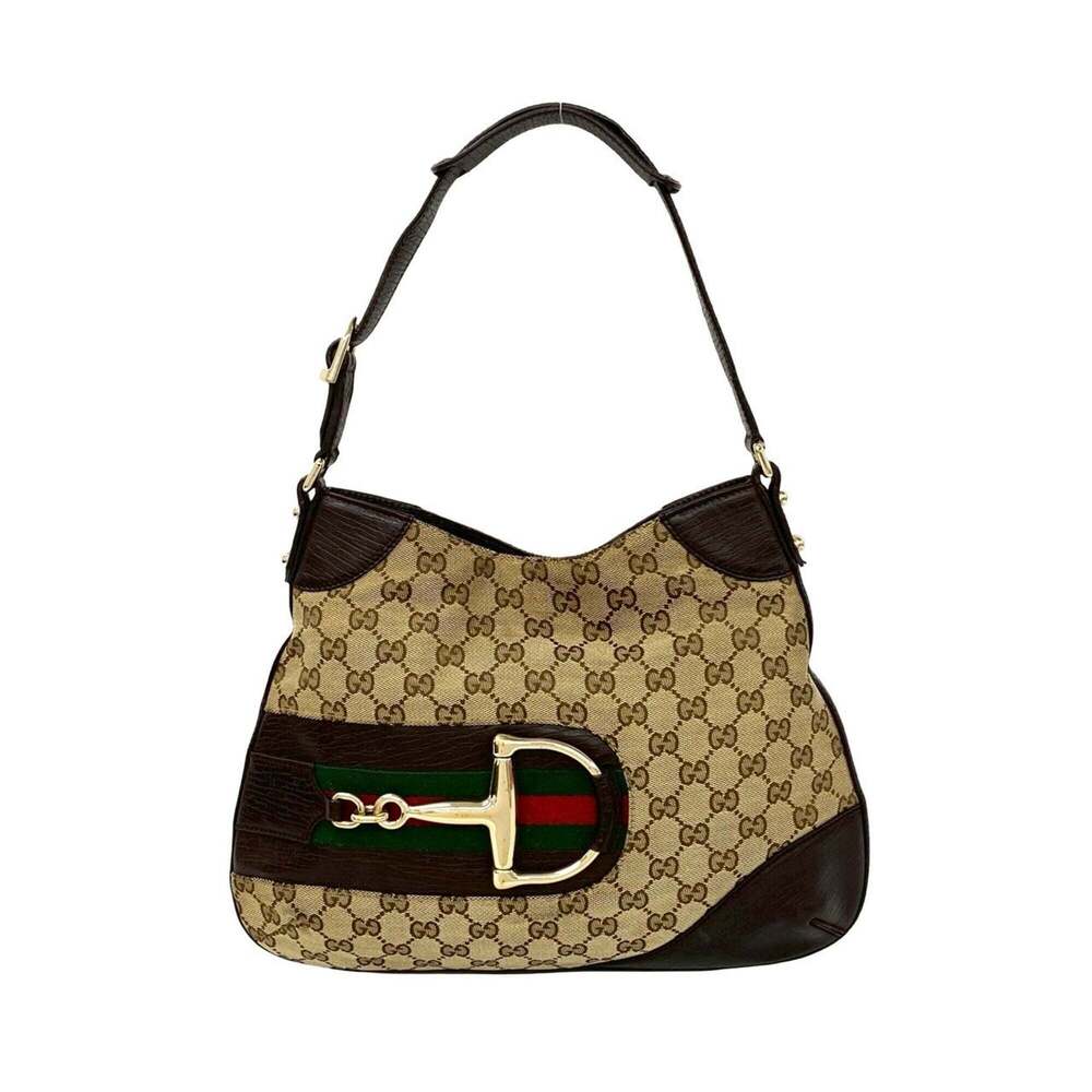 GUCCI Sherry Line GG Logo Horsebit Hardware Canvas Leather Genuine Semi One S...